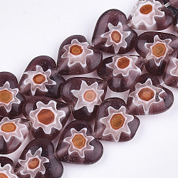 Chapelets de perles vernissées de millefiori manuelles, cœur, brun rosé, 12x12x5mm, Trou: 0.8mm, Environ 36 pcs/chapelet, 15.1 pouce
