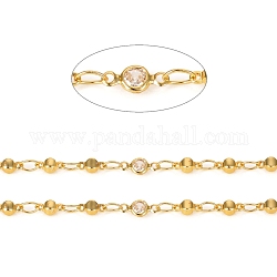 Brass Handmade Beaded Chains, with Cubic Zirconia Links, Soldered, with Spool, Long-Lasting Plated, Flat Round & Cube, Clear, Golden, 3.7x8x2mm, 2.5x6mm, about 32.8 Feet(10m)/roll