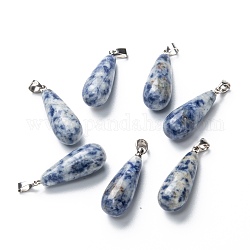Pendentifs en jaspe tache bleue naturelle, avec les accessoires en laiton de platine, larme, 26.5~29x10mm, Trou: 2.5~3.5x4~6mm