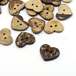Bottoni di cocco, 2-foro, cuore, marrone noce di cocco, 17x20x4mm, Foro: 1.5 mm