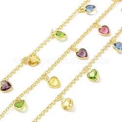 Colorful Glass Heart Charms Chains, with Rack Plating Eco-Friendly Handmade Brass Rolo Chains, Soldered, with Spool, Lead Free & Cadmium Free & Nickel Free, Real 18K Gold Plated, Link: 2x0.6mm