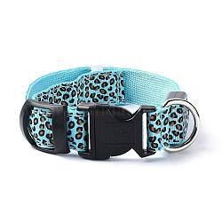 Collar de perro led de poliéster ajustable, con luz intermitente resistente al agua y hebilla de plástico, batería incorporada, estampado de leopardo, luz azul cielo, 355~535mm