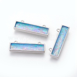 Pendentifs opales synthétiques, avec les accessoires en laiton, rectangle, platine, bleu ciel, 26.5x8.5~9x4~4.5mm, Trou: 1.2mm