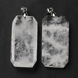 Pendentifs de cristal de quartz naturel, pendentifs en cristal de roche, breloques rectangle à facettes, avec mousqueton en laiton plaqué platine, sans plomb et sans cadmium, 40~41x20~21x6~9mm, Trou: 4.3x3.8mm