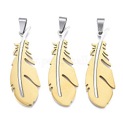 Ion Plating(IP) 201 Stainless Steel Pendants, Laser Cut, Feather, Light Gold, 49x17.5x1mm, Hole: 4x7.5mm