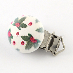 Christmas Tree Pattern Printed Wooden Baby Pacifier Holder Clip with Iron Clasp, Flat Round, Dark Olive Green, 30x30mm
