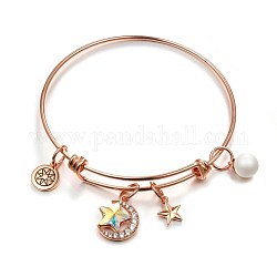 Adjustable Brass Charm Bangles, with Austrian Crystal, Flat Round & Moon & Star & Round, Rose Gold, 101_Crystal+AB, Inner Diameter: 64.5mm