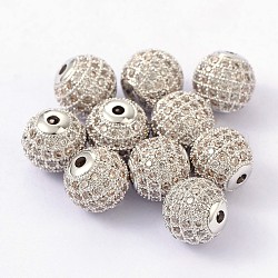 Cubic Zirconia Beads, with Brass Findings, Round, Crystal, Platinum Metal Color, 10mm, Hole: 2mm