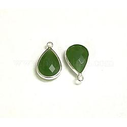 Silver Color Plated Brass Glass Teardrop Pendants, Faceted, Olive Drab, 18x10x5mm, Hole: 2mm