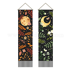 Tapisseries murales décoratives en polyester motif lune et soleil, pour la décoration, avec barre en bois, corde, rectangle, motif de feuille, 1300x330mm, 2 pièces / kit