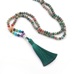 Природные индийский агат бисером ожерелья, натуральный и синтетический смешанный камень, с большими подвесками из полиэстера и кисточкой и сплавом, 31.5 дюйм (80 см)