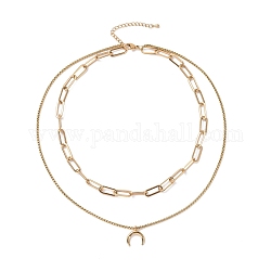 Vacuum Plating 304 Stainless Steel Double Chains Multi Layered Necklace with Crescent Moon Charm for Women, Golden, 16.34 inch(41.5cm)