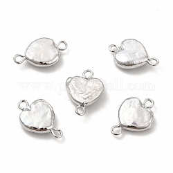 Colgantes de conector de perlas keshi naturales barrocas, enlaces corazón, con bucles dobles de latón, Platino, 17~18x11~13x4~5mm, agujero: 1.8 mm