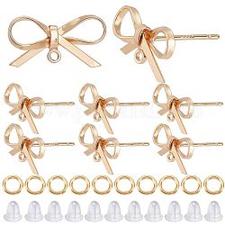 CREATCABIN 12Pcs Brass Stud Earring Findings, with Horizontal Loops, Bowknot, Nickel Free, 12Pcs Jump Rings & 50Pcs Plastic Ear Nuts, Real 18K Gold Plated, 10x15mm, Hole: 1mm, Pin: 0.7mm