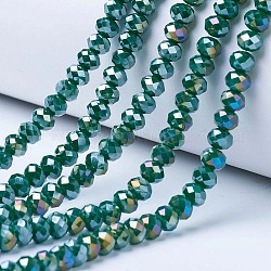 Abalorios de vidrio electroplate hebras, color sólido opaco, color de ab chapado, facetados, rerondana plana, verde oscuro, 2.5x2mm, agujero: 0.4 mm, aproximamente 150~170 pcs / cadena, 11 pulgada (27.5 cm)
