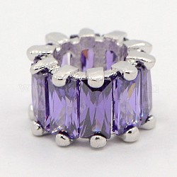 Brass Micro Pave Cubic Zirconia European Beads, Column with Rectangle, Purple, 6x9x9mm, Hole: 6mm