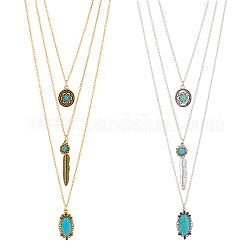ANATTASOUL 2Pcs 2 Colors Flower & Feather & Oval Imitation Turquoise Pendants 3 Layer Necklaces Set, Alloy Jewelry for Women, Platinum & Golden, 18.66 inch(47.4cm), 1Pc/color