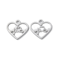 304 Stainless Steel Charms, Manual Polishing, Heart, Stainless Steel Color, 12x13x1mm, Hole: 1.6mm