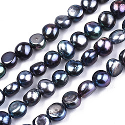 Natural Cultured Freshwater Pearl Beads Strands, Dyed, Two Sides Polished, Prussian Blue, 6~8x4~6mm, Hole: 0.8mm, about 52~60pcs/strand, 16.1 inch