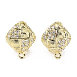 Rhombus Brass Micro Pave Cubic Zirconia Stud Earrings Finding, with Horizontal Loops, Cadmium Free & Lead Free, Real 18K Gold Plated, 18x15mm, Hole: 1.6mm, Pin: 0.8mm