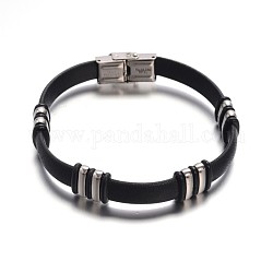 Bracelets de cordon en cuir PU de bioux couleur noir, avec accessoires en 304 acier inoxydable et bracelet-montre avec boucle déployante, couleur inoxydable, 230x10mm