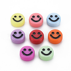 Opaque Acrylic Beads, with Enamel, Flat Round with Smile Face, Mixed Color, 10x5mm, Hole: 2mm