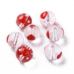 Perles en verre transparentes, avec l'émail, ronde, rouge, motif de coeur, 11.5~12x11mm, Trou: 1.5~1.6mm