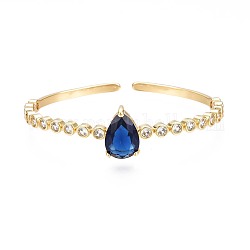 Bracelet manchette ouvert en forme de goutte de verre avec zircone cubique transparente pour femme, bijoux en laiton plaqué or véritable 18k, sans nickel, bleu foncé, diamètre intérieur: 2-1/8 pouce (5.5 cm)