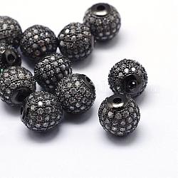 Perles de zircone cubique de placage de rack en laiton, Plaqué longue durée, ronde, gunmetal, 9.5~10x9~9.5mm, Trou: 2mm