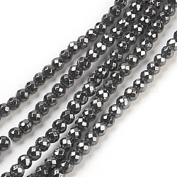 Non-Magnetic Synthetic Hematite Beads Strands, Faceted, Round, Black, about 3mm in diameter, hole:1mm, 138pcs/strand, 16 inch
