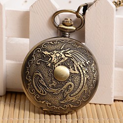 Plat rond ouvrable avec un verre d'alliage de dragon montre de poche pendentif, avec une chaîne en fer, montre à quartz, bronze antique, 355mm, cadran montre: 59x47x14 mm