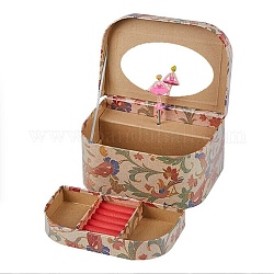 Boîtes en carton de bijoux musicaux à manivelle, Boîtes de rangement 2 couche avec danseuse rose et miroir à l'intérieur, pour le cadeau d'une fille, rectangle avec motif, motif de fleur, 16.8x12.8x7.8 cm