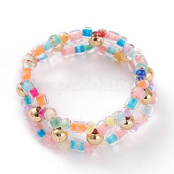 Bagues en perles de rocaille rondes transparentes à l'intérieur de couleurs, avec des perles en laiton plaqué or, colorées, nous taille 14 1/4 (23.2mm)
