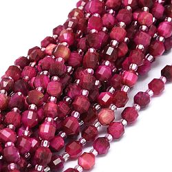 Natural Tiger Eye Beads Strands, Dyed & Heated, with Seed Beads, Faceted, Bicone, Double Terminated Point Prism Beads, 5~7x6mm, Hole: 0.8mm, about 48pcs/strand, 15.55 inch(39.5cm)