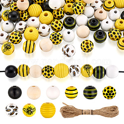 Kissitty DIY Bee Wooded Ornaments Kit, Including Round Wood Beads, Jute Cord, Yellow, Beads: 160Pcs/bag