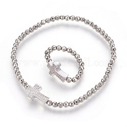 Conjuntos de joyas de hematites sintético no magnéticos, pulseras y anillos, Con micro perlas de latón pavo de circonia cúbicas cruzadas, facetados, redondo, 2-1/4 pulgada (5.7 cm), tamaño de 8, 18mm