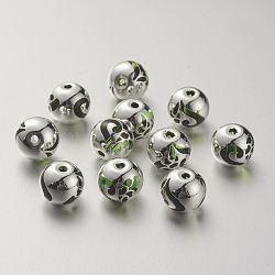K9 Glass Beads, Covered with Brass, Round with Heart Pattern, 925 Sterling Silver Plated, Lawn Green, 10.2x9.2mm, Hole: 1.5mm