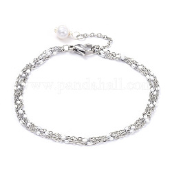 Bracelets à multi-rangs en 304 acier inoxydable, avec l'émail, perles de perles naturelles et fermoirs à pince de homard, blanc, 7-1/4 pouce (18.5 cm)