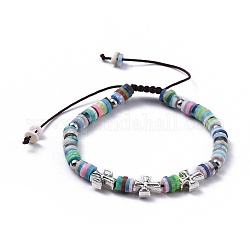 Bracelets de perles de tresse de fil de nylon, avec des perles heishi en pâte polymère, 304 perles en acier inoxydable et alliage, croix, colorées, 2 pouce (5.2 cm)