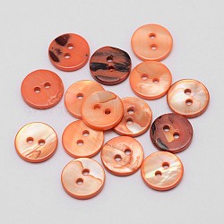 2-Hole Natural Dyed Shell Flat Round Buttons, Coral, 11x2mm, Hole: 1.5mm, about 720pcs/bag