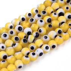Hechos a mano de cristal de murano mal ojo hebras de perlas redondas, amarillo, 4mm, agujero: 1 mm, aproximamente 100 pcs / cadena, 14.56 pulgada