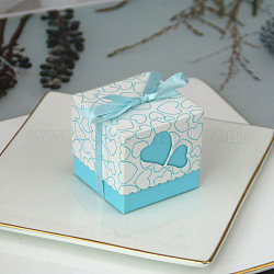 Caja de regalo de papel creativo plegable cuadrada, cajas de dulces, patrón de corazón con cinta, caja de regalo decorativa para boda, luz azul cielo, 5.2x5.2x5 cm