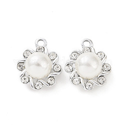 Pendenti strass in lega, con abs imitazione perla in rilievo, pendente a fiore, platino, 20.5x17.5x11.5mm, Foro: 1.5 mm