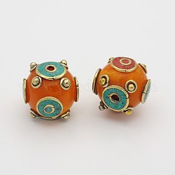 Handgemachten tibetischen Stil runde Perlen, Messing Zubehör mit künstlicher beeswaxs, Antik Golden, orange rot, 16x17x17 mm, Bohrung: 2 mm