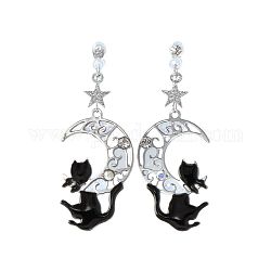 Эмалированные серьги-гвоздики в виде кота с луной и кристаллами и стразами, латунные серьги-подвески с 925 серебряной булавкой для женщин, платина, чёрные, 30 мм