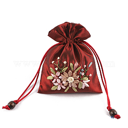 Sacchetti per imballaggio di gioielli in raso con motivo floreale, sacchetti regalo con coulisse, rettangolo, rosso scuro, 14x10.5cm