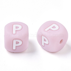 Food Grade Eco-Friendly Silicone Beads, Horizontal Hole, Chewing Beads For Teethers, DIY Nursing Necklaces Making, Letter Style, Cube, Pink, Letter.P, 10x10x10mm, Hole: 2mm