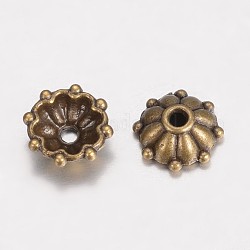 Cappucci di perline fantasia in lega di stile tibetano, fiore multi-petalo, bronzo antico, 8x3mm, Foro: 1 mm