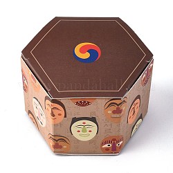 六角形のお菓子の包装箱  結婚披露宴のギフト用の箱  ボックス  人の顔の模様が入った  サドルブラウン  7.65x8.8x5.7cm  展開：21.7x16.4x0.04cm