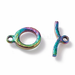 Ion Plating(IP) 304 Stainless Steel Toggle Clasps, Textured, Ring, Rainbow Color, Ring: 16x12x2.2mm, Hole: 2mm, Bar: 18x7x2.2mm, Hole: 2mm